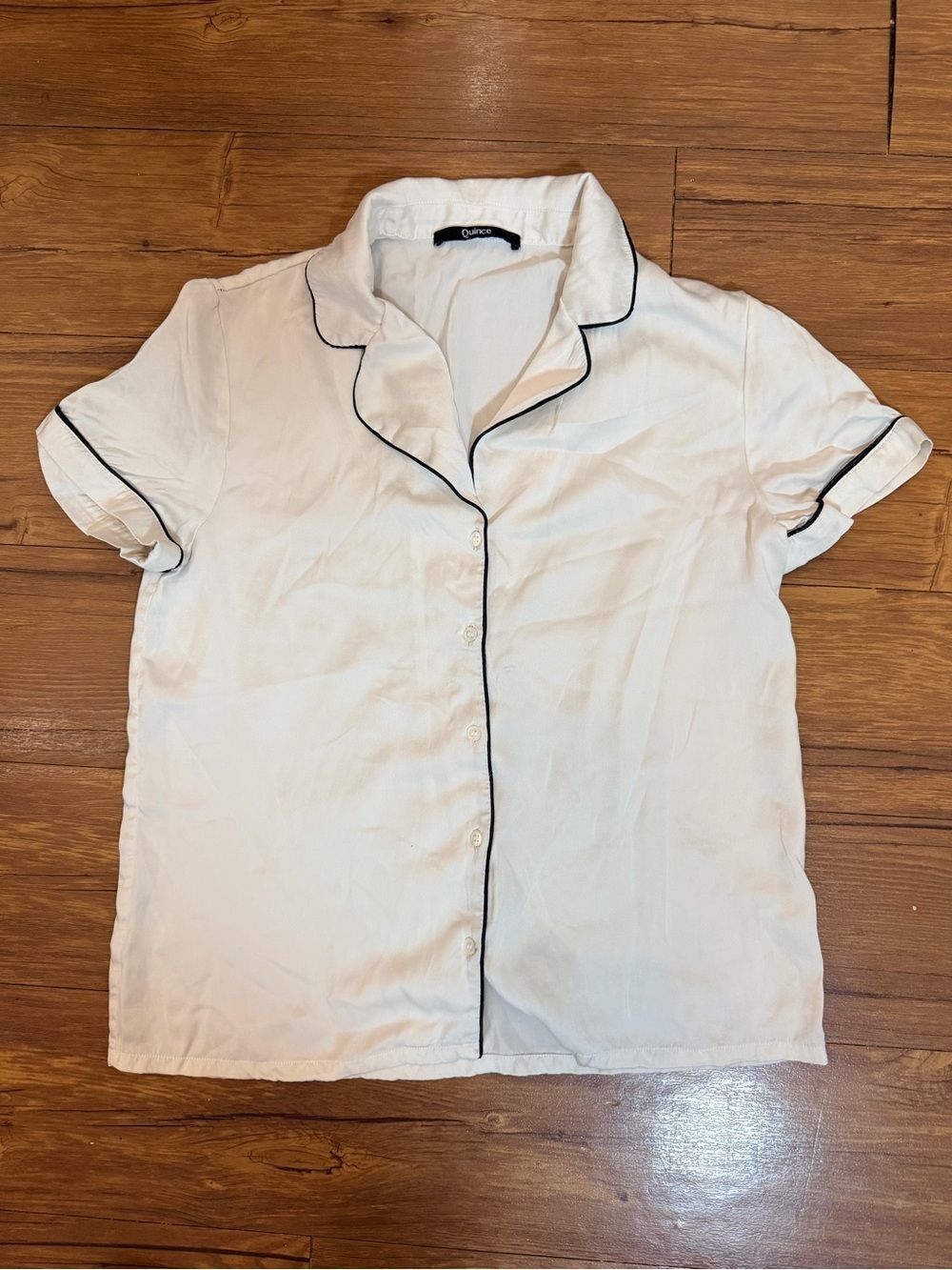 Quince Button Front Silk Pajama Top XS Ivory Black Piping Classic Short Sleeve